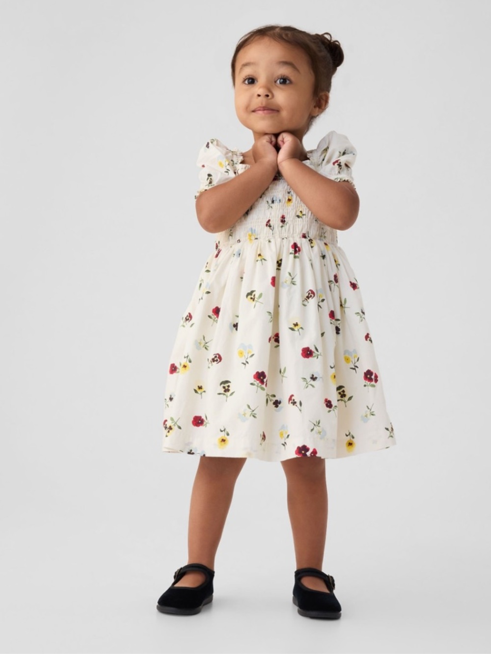 Girls' Cream Floral Smocked Puff-Sleeve Dress